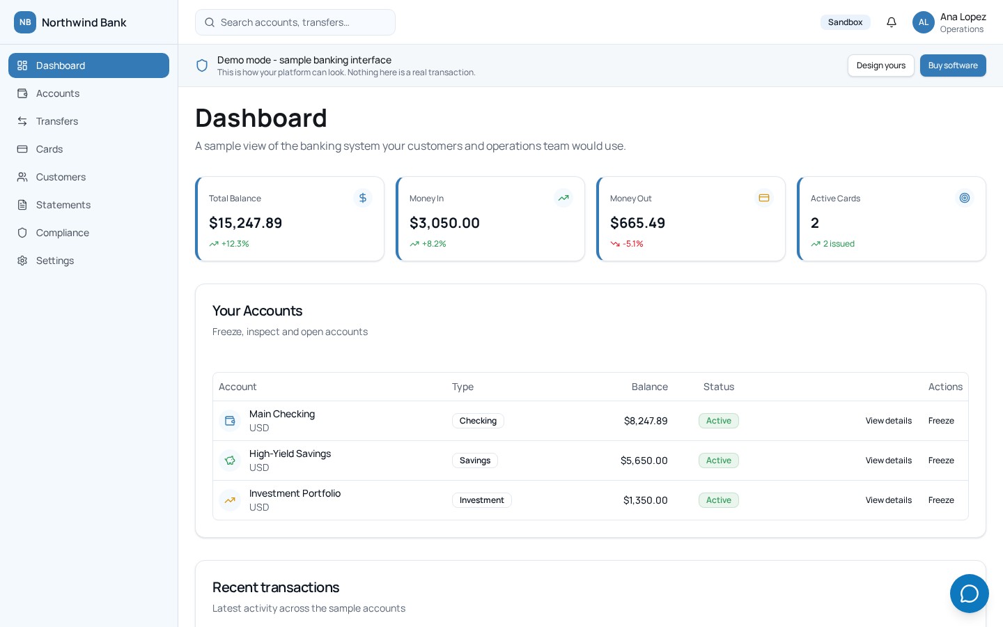SecurePaymentz banking dashboard demo showing accounts, balance cards and recent transactions