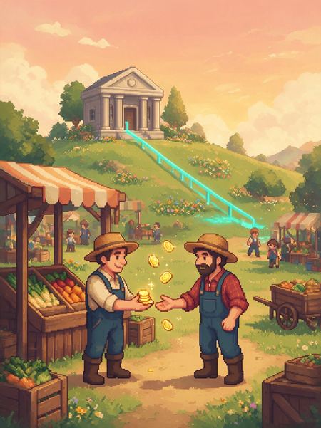 Pixel-art scene: two farmers at a market, one handing gold coins to the other, with a bank on the hill behind them and a glowing rail running down to the stalls