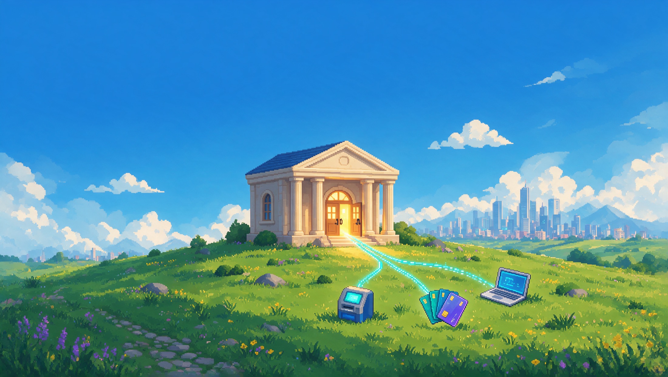 Pixel-art illustration: a bank on a hill with glowing rails running out to an ATM, a stack of cards and a laptop