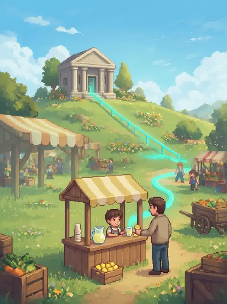 Pixel-art village market with a lemonade stand, a glowing path leading up to a columned bank on a sunny hill